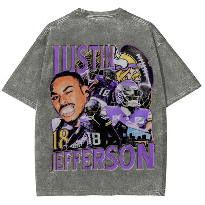 Vintage Style Unisex-Adult Oversized Washed Street T-shirt JUSTIN JEFFERSON TEE 