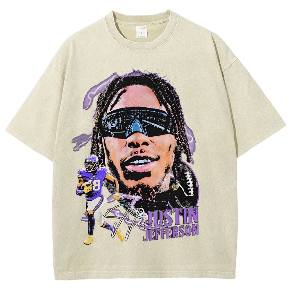 Vintage Style Unisex-Adult Oversized Washed Street T-shirt JUSTIN JEFFERSON TEE 