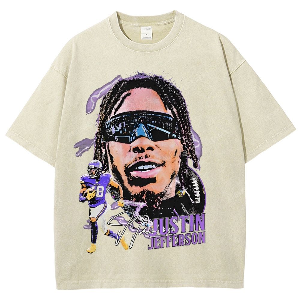 Vintage Style Unisex-Adult Oversized Washed Street T-shirt JUSTIN JEFFERSON TEE 