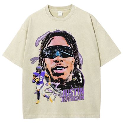 Vintage Style Unisex-Adult Oversized Washed Street T-shirt JUSTIN JEFFERSON TEE 