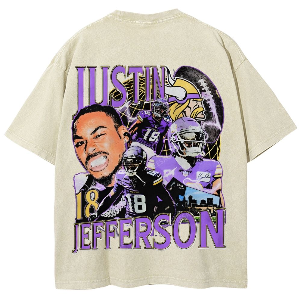Vintage Style Unisex-Adult Oversized Washed Street T-shirt JUSTIN JEFFERSON TEE 