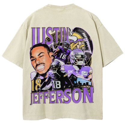 Vintage Style Unisex-Adult Oversized Washed Street T-shirt JUSTIN JEFFERSON TEE 