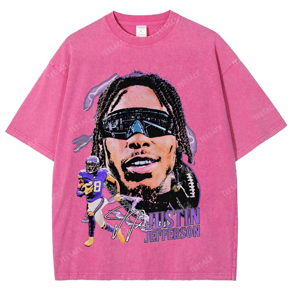 Vintage Style Unisex-Adult Oversized Washed Street T-shirt JUSTIN JEFFERSON TEE 