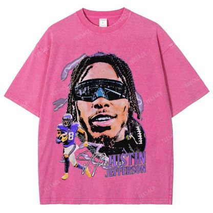 Vintage Style Unisex-Adult Oversized Washed Street T-shirt JUSTIN JEFFERSON TEE 