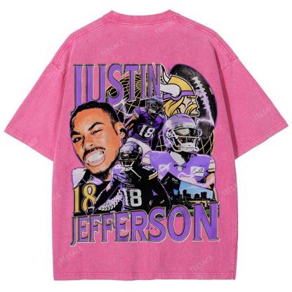 Vintage Style Unisex-Adult Oversized Washed Street T-shirt JUSTIN JEFFERSON TEE 