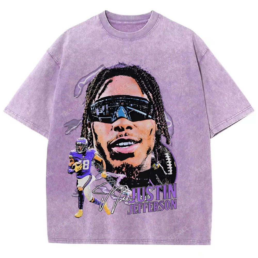 Vintage Style Unisex-Adult Oversized Washed Street T-shirt JUSTIN JEFFERSON TEE 