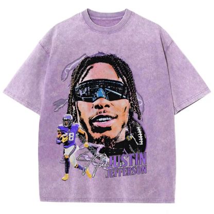 Vintage Style Unisex-Adult Oversized Washed Street T-shirt JUSTIN JEFFERSON TEE 