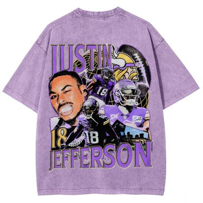 Vintage Style Unisex-Adult Oversized Washed Street T-shirt JUSTIN JEFFERSON TEE 