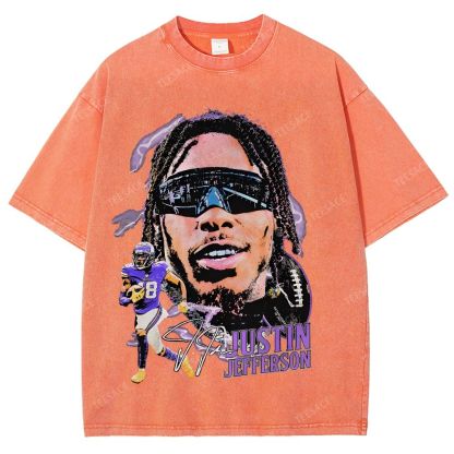 Vintage Style Unisex-Adult Oversized Washed Street T-shirt JUSTIN JEFFERSON TEE 