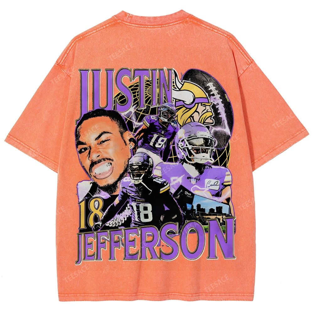 Vintage Style Unisex-Adult Oversized Washed Street T-shirt JUSTIN JEFFERSON TEE 