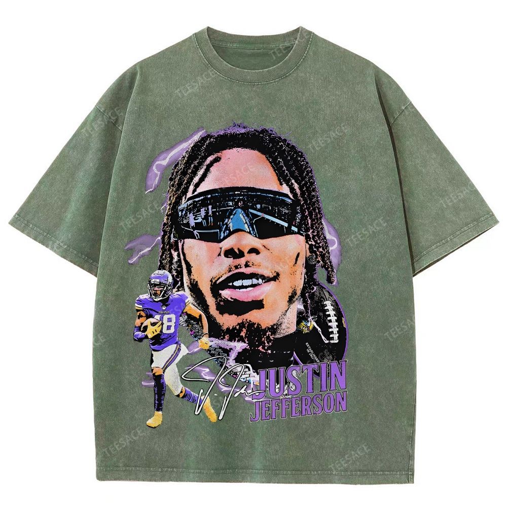 Vintage Style Unisex-Adult Oversized Washed Street T-shirt JUSTIN JEFFERSON TEE 