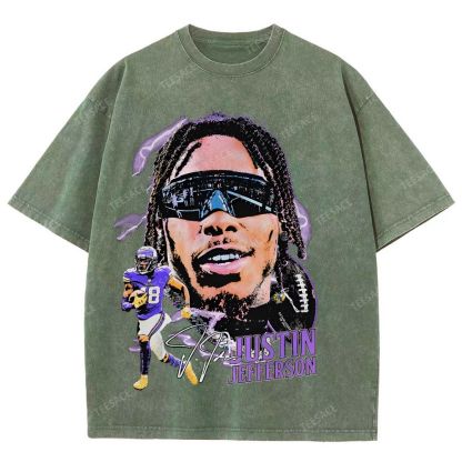 Vintage Style Unisex-Adult Oversized Washed Street T-shirt JUSTIN JEFFERSON TEE 