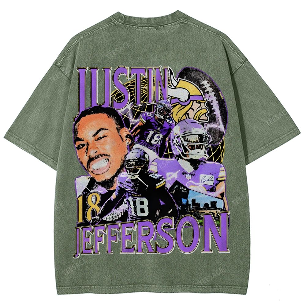 Vintage Style Unisex-Adult Oversized Washed Street T-shirt JUSTIN JEFFERSON TEE 