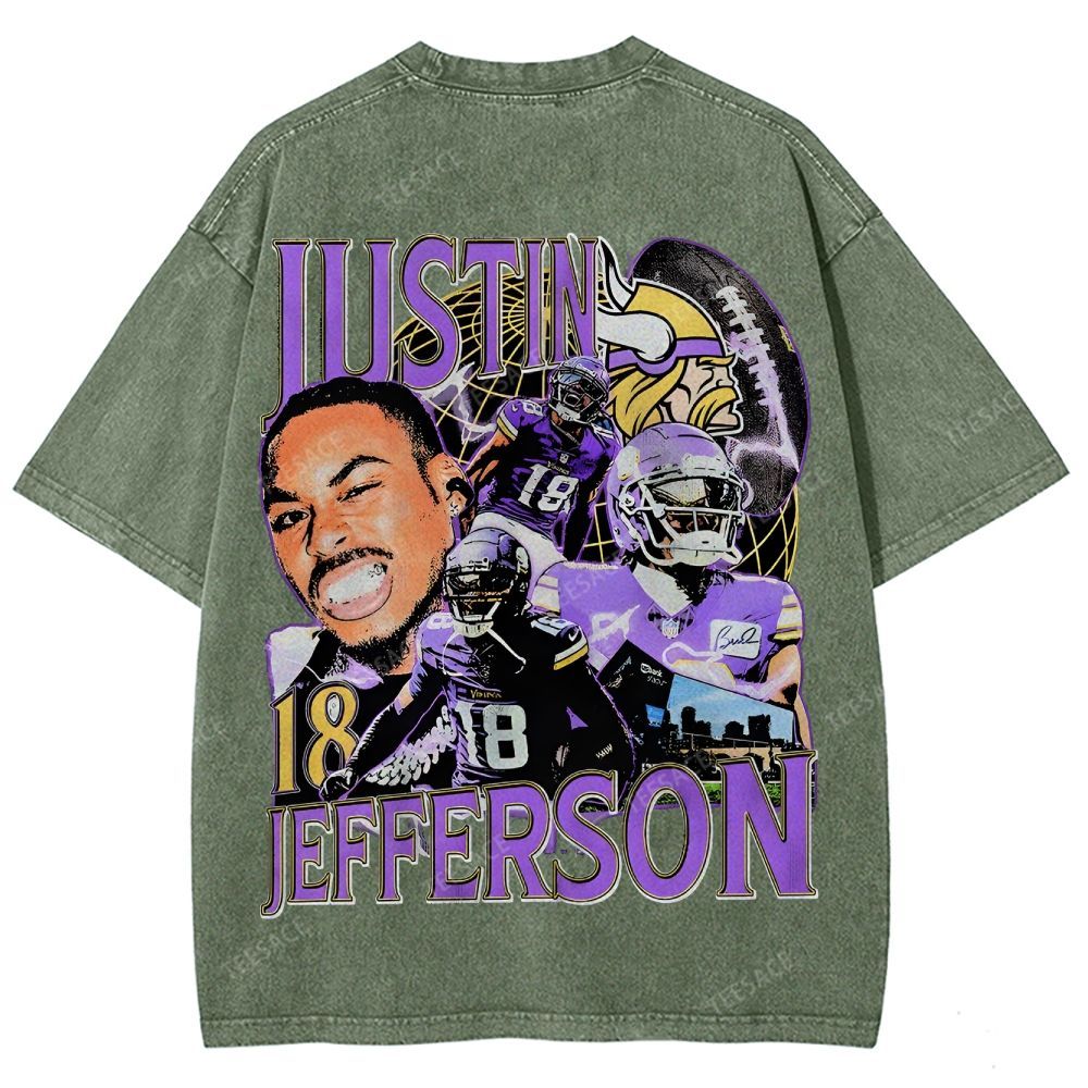Vintage Style Unisex-Adult Oversized Washed Street T-shirt JUSTIN JEFFERSON TEE 