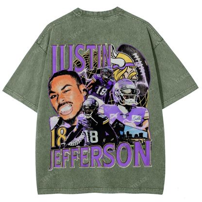 Vintage Style Unisex-Adult Oversized Washed Street T-shirt JUSTIN JEFFERSON TEE 