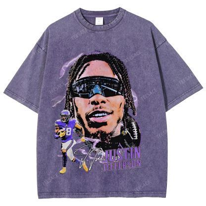 Vintage Style Unisex-Adult Oversized Washed Street T-shirt JUSTIN JEFFERSON TEE 