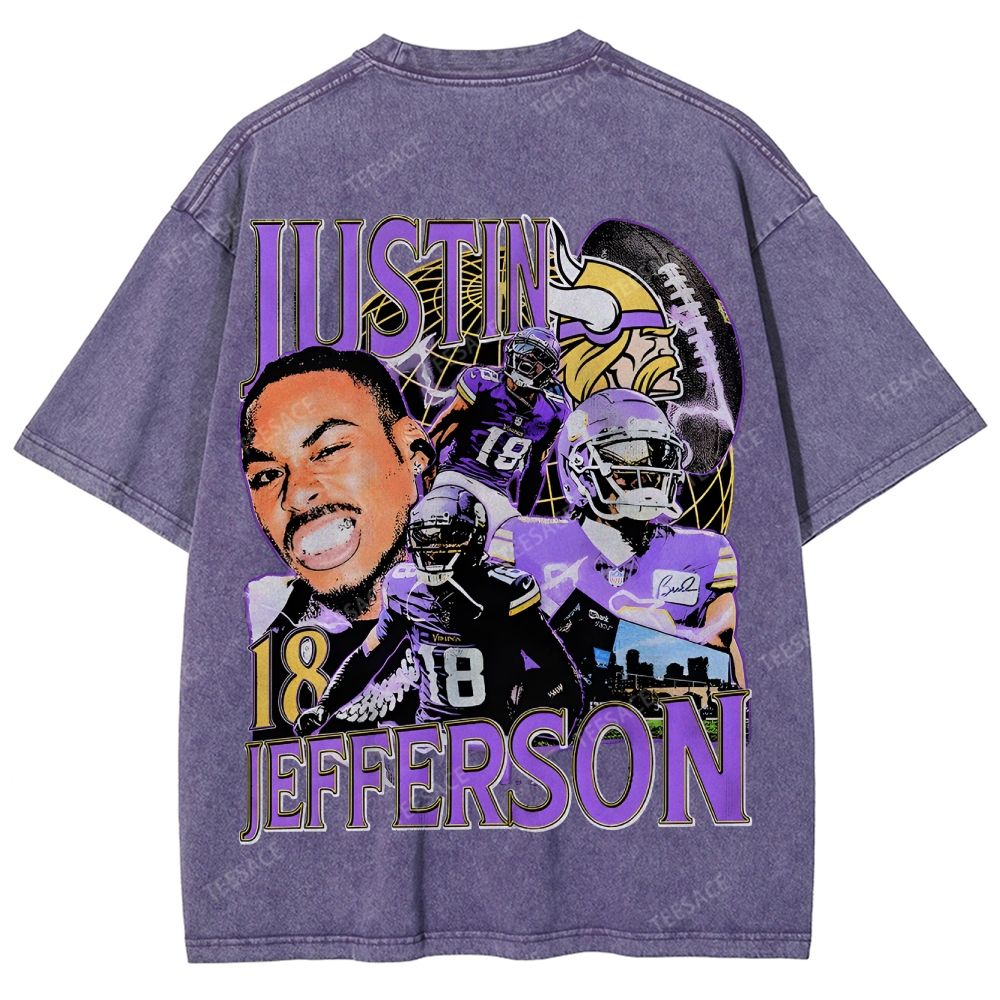 Vintage Style Unisex-Adult Oversized Washed Street T-shirt JUSTIN JEFFERSON TEE 