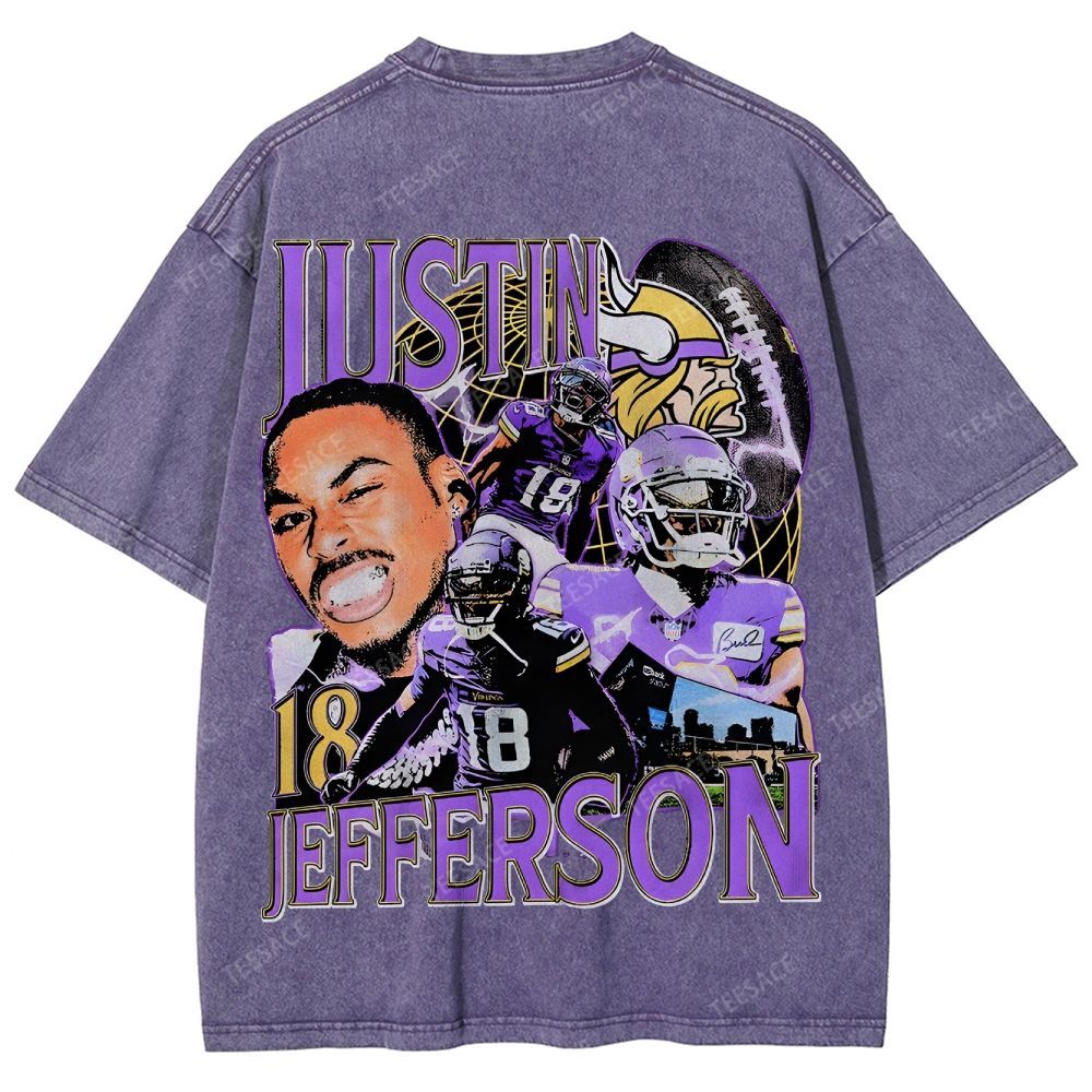Vintage Style Unisex-Adult Oversized Washed Street T-shirt JUSTIN JEFFERSON TEE 