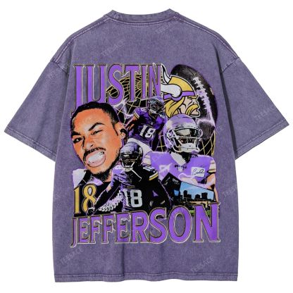 Vintage Style Unisex-Adult Oversized Washed Street T-shirt JUSTIN JEFFERSON TEE 