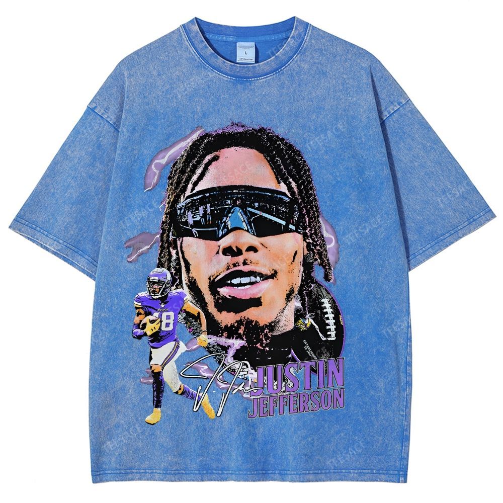Vintage Style Unisex-Adult Oversized Washed Street T-shirt JUSTIN JEFFERSON TEE 