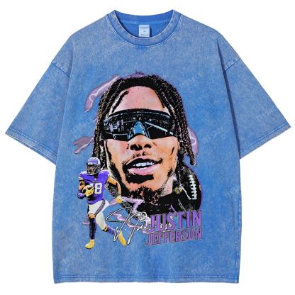 Vintage Style Unisex-Adult Oversized Washed Street T-shirt JUSTIN JEFFERSON TEE 