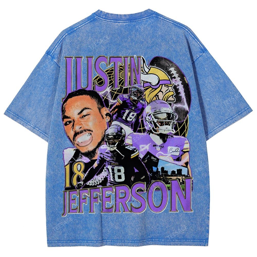 Vintage Style Unisex-Adult Oversized Washed Street T-shirt JUSTIN JEFFERSON TEE 