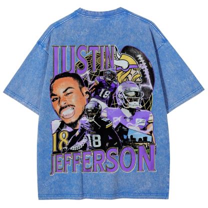 Vintage Style Unisex-Adult Oversized Washed Street T-shirt JUSTIN JEFFERSON TEE 