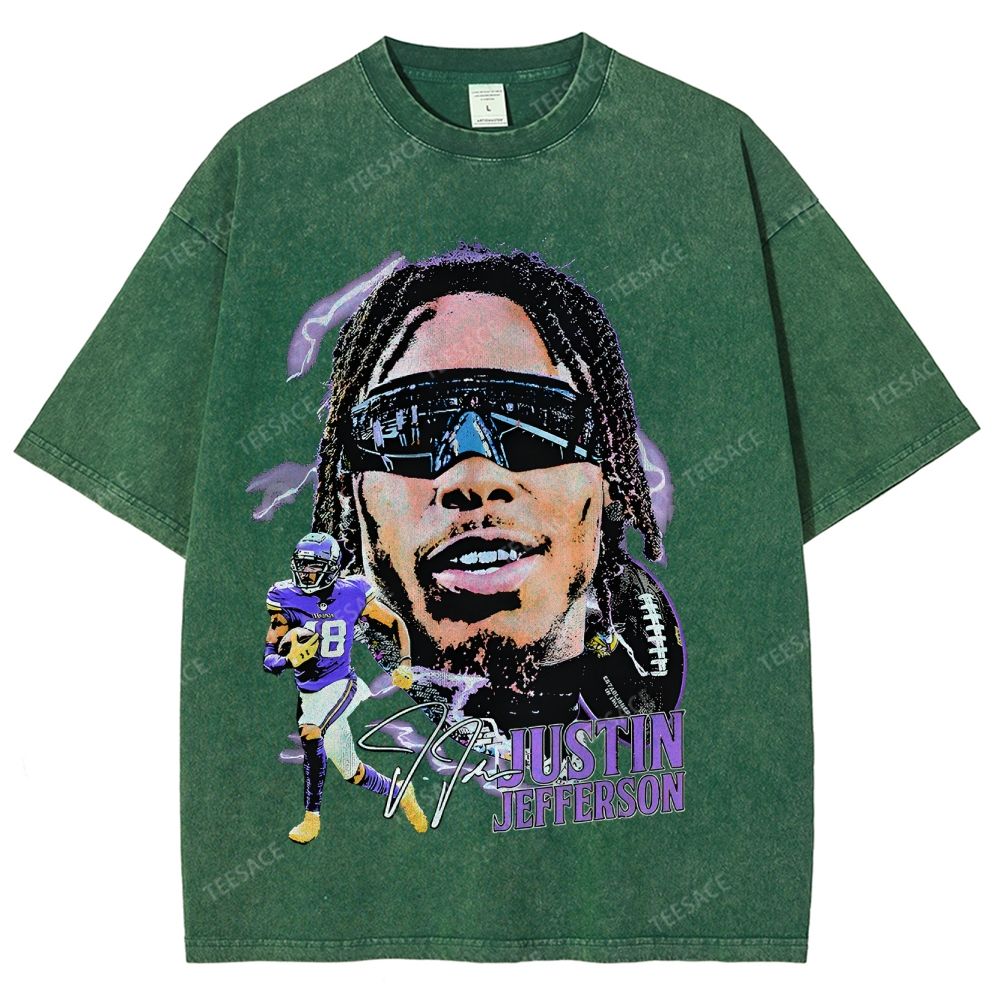 Vintage Style Unisex-Adult Oversized Washed Street T-shirt JUSTIN JEFFERSON TEE 