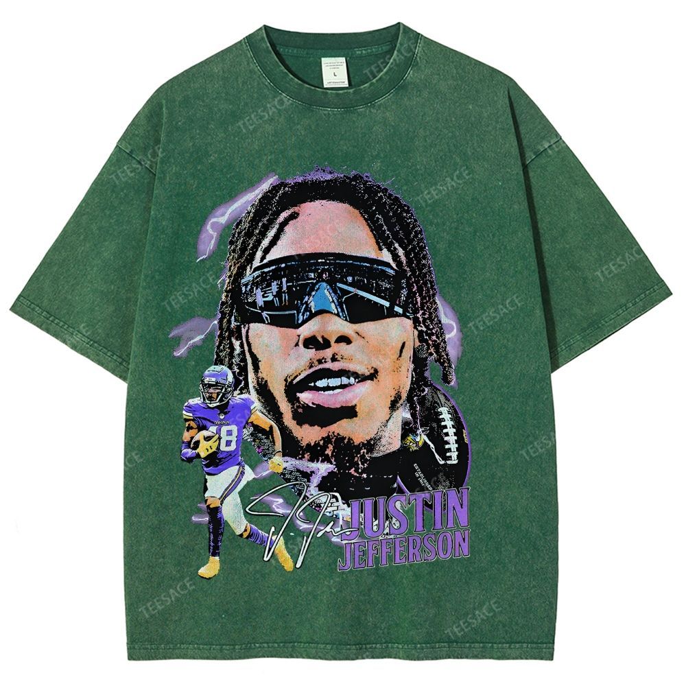 Vintage Style Unisex-Adult Oversized Washed Street T-shirt JUSTIN JEFFERSON TEE 