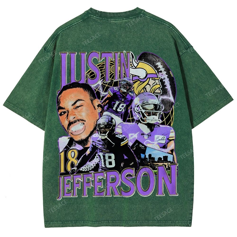 Vintage Style Unisex-Adult Oversized Washed Street T-shirt JUSTIN JEFFERSON TEE 