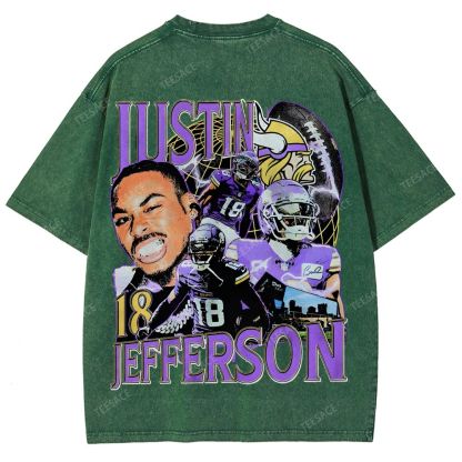 Vintage Style Unisex-Adult Oversized Washed Street T-shirt JUSTIN JEFFERSON TEE 