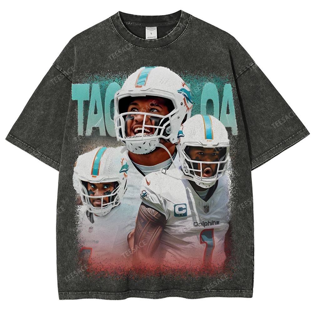 Vintage Style Unisex-Adult Oversized Washed Cotton T-Shirt Graphic Miami Dolphins TEE