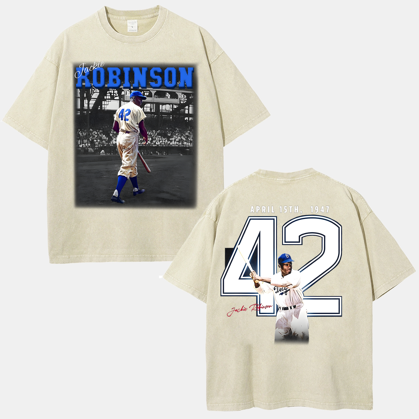 Unisex-Adult Vintage Oversized Washed Cotton T-Shirt | JACKIE ROBINSON