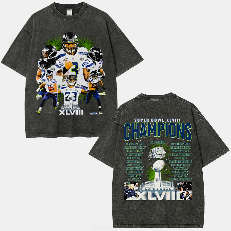 Unisex-Adult Ultra Cotton Washed T-Shirt Graphic SUPER BOWL XLVIII CHAMPS - SEAHAWKS TEE