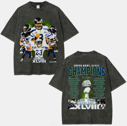 Unisex-Adult Ultra Cotton Washed T-Shirt Graphic SUPER BOWL XLVIII CHAMPS - SEAHAWKS TEE