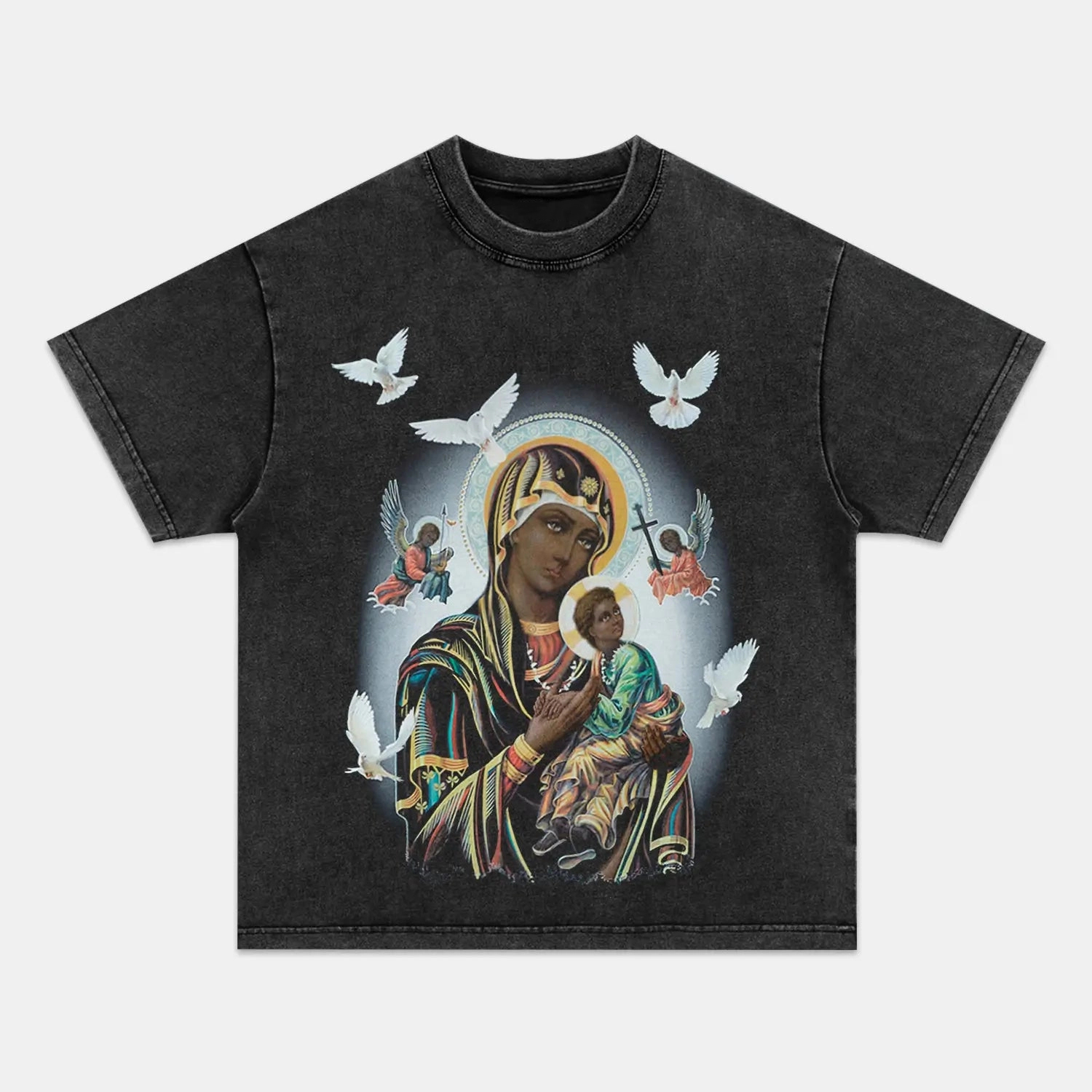 Unisex-Adult Ultra Cotton Washed T-Shirt Graphic BLACK MADONNA AND CHILD TEE