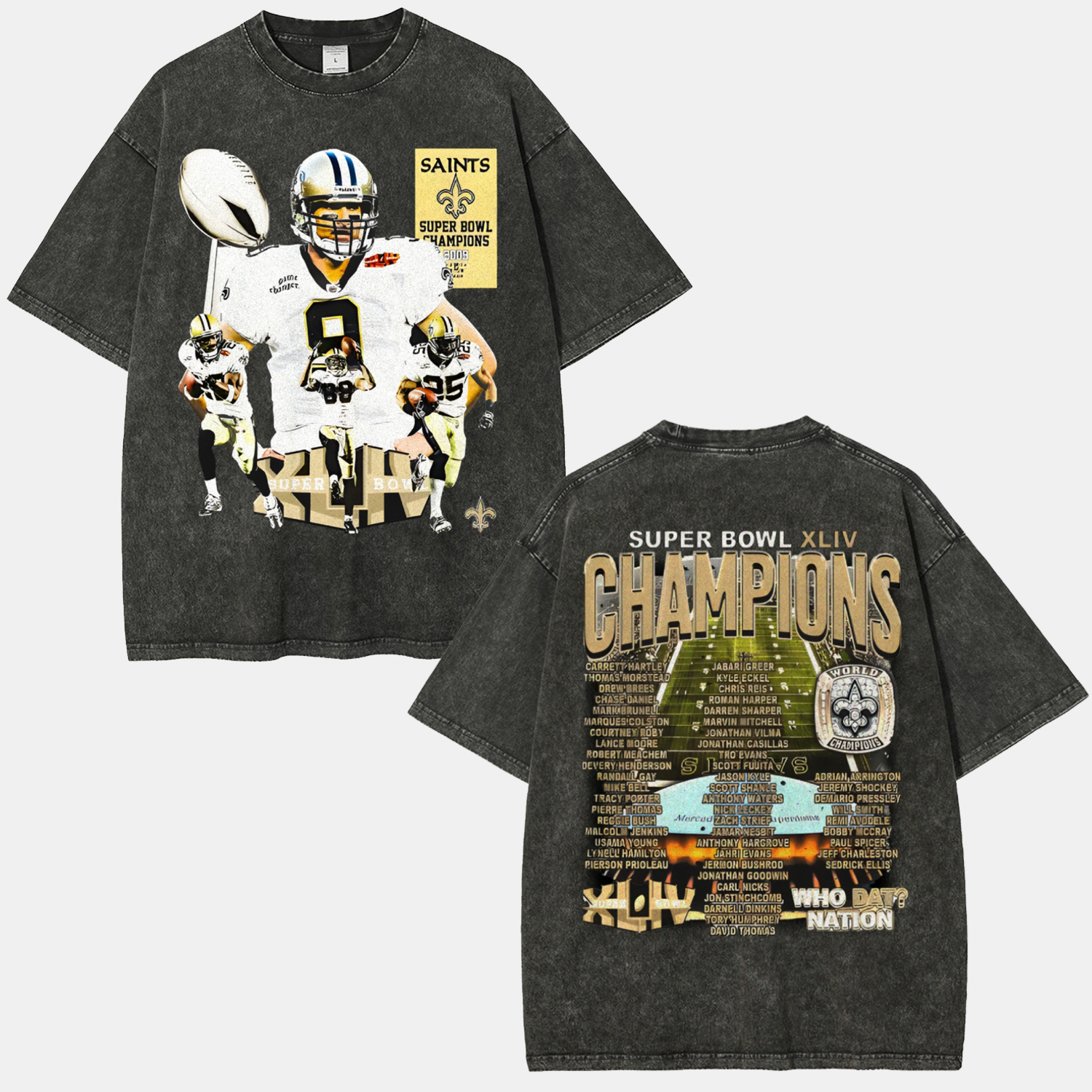Vintage Style Unisex-Adult Oversized Washed Cotton T-Shirt Graphic SUPER BOWL XLIV CHAMPS - SAINTS TEE