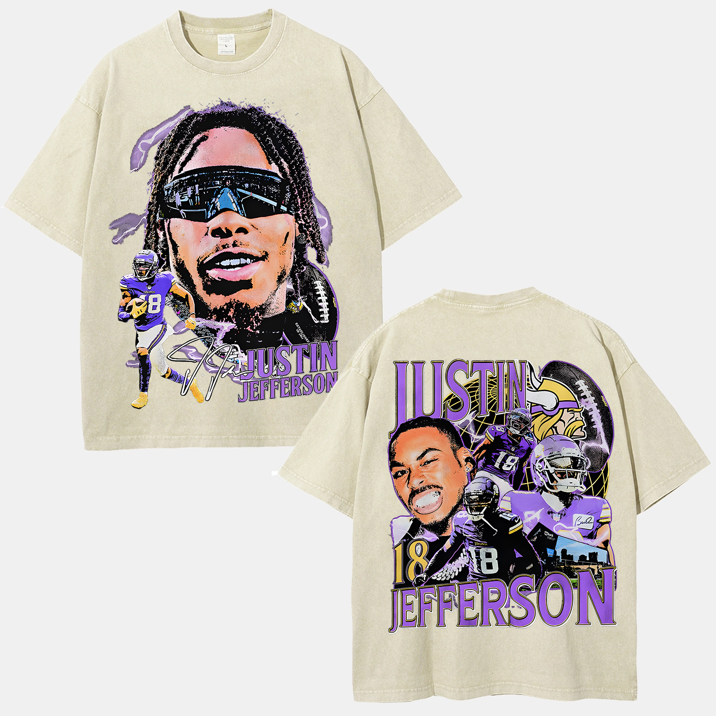 Vintage Style Unisex-Adult Oversized Washed Street T-shirt JUSTIN JEFFERSON TEE 