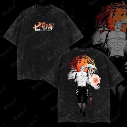 Escanor X The Seven Deadly Sins Anime Vintage Washed Tee Unisex Mineral Anime Manga Washed Heavy Cotton T-shirt, Gift For Anime Fan, Anime Lover