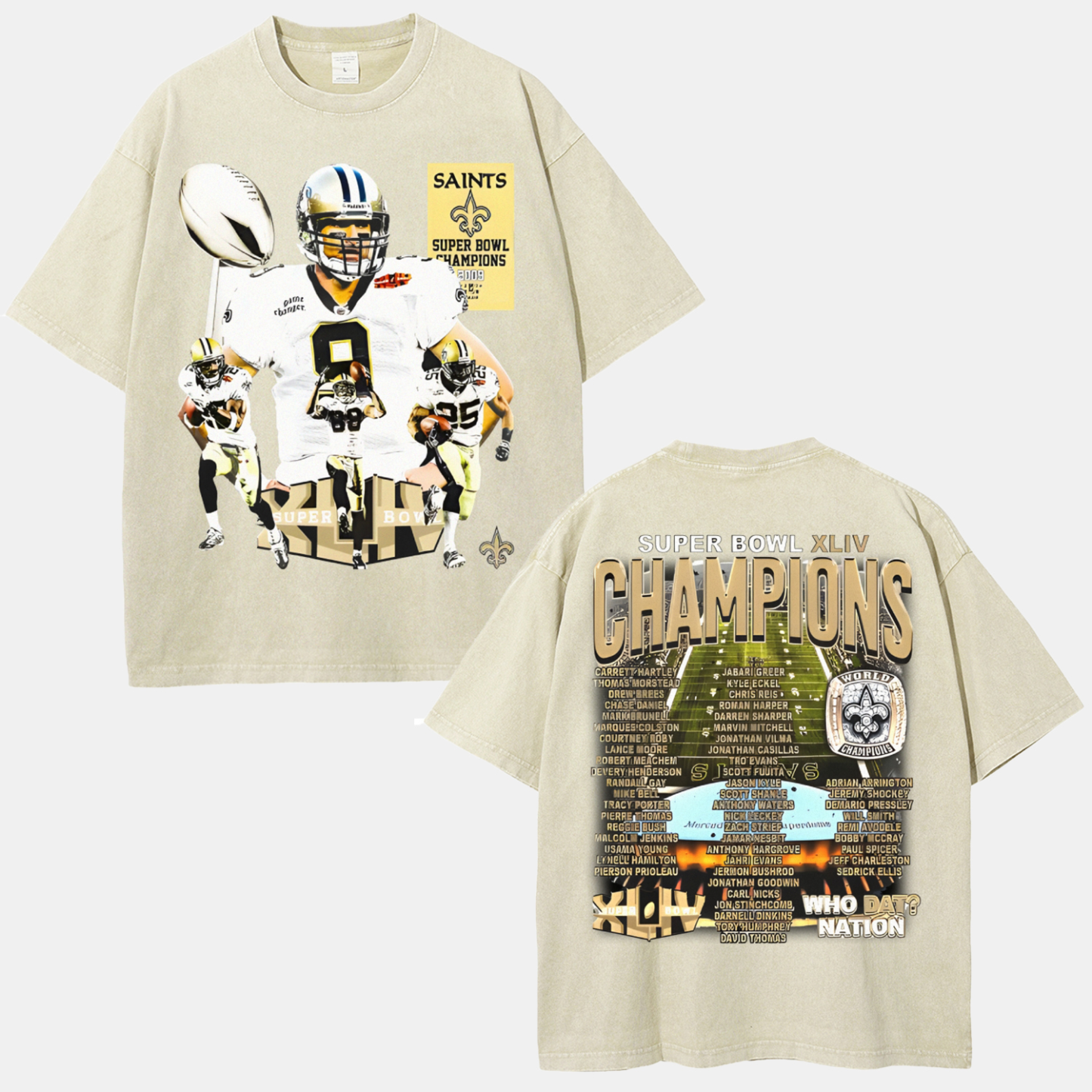 Vintage Style Unisex-Adult Oversized Washed Cotton T-Shirt Graphic SUPER BOWL XLIV CHAMPS - SAINTS TEE