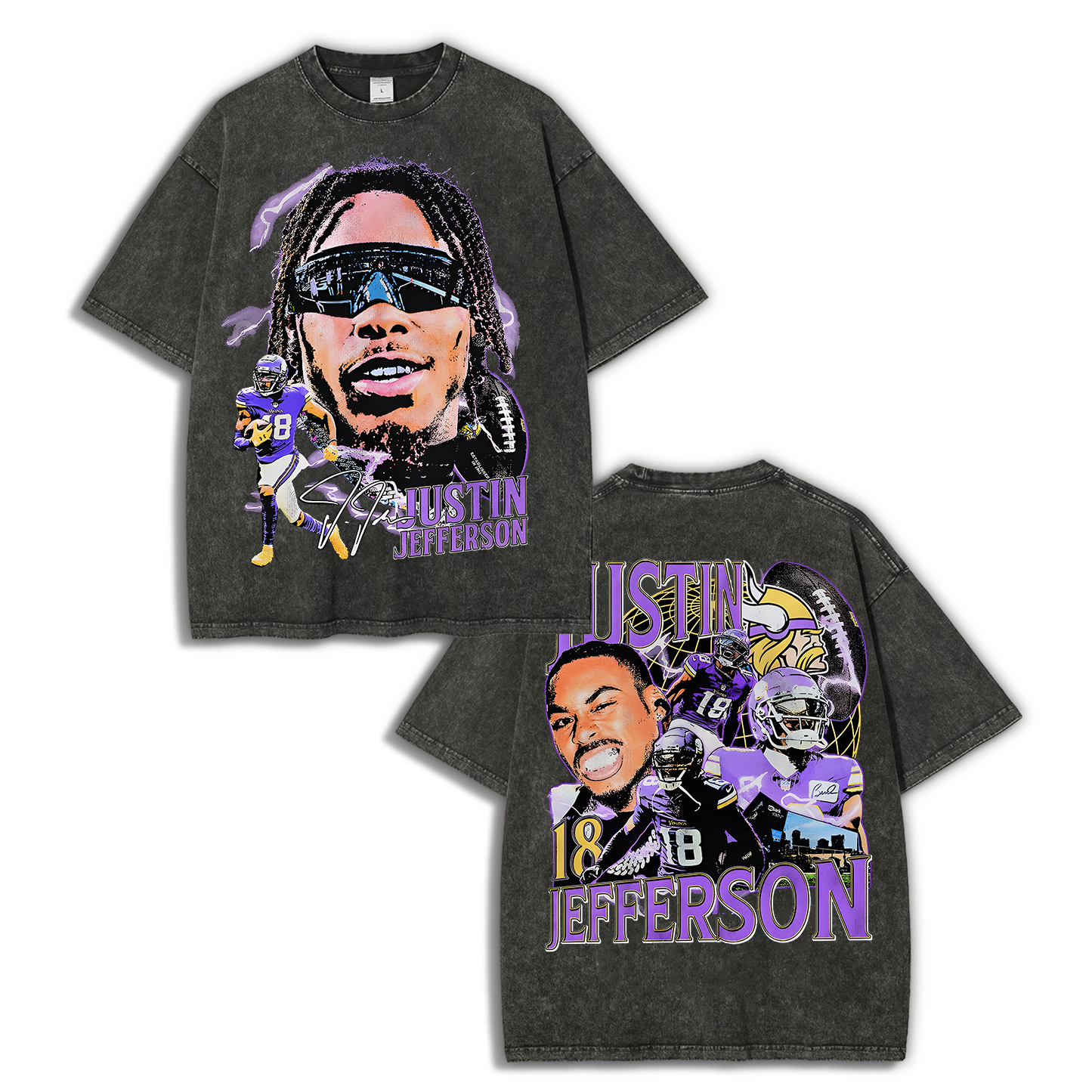 Vintage Style Unisex-Adult Oversized Washed Street T-shirt JUSTIN JEFFERSON TEE 