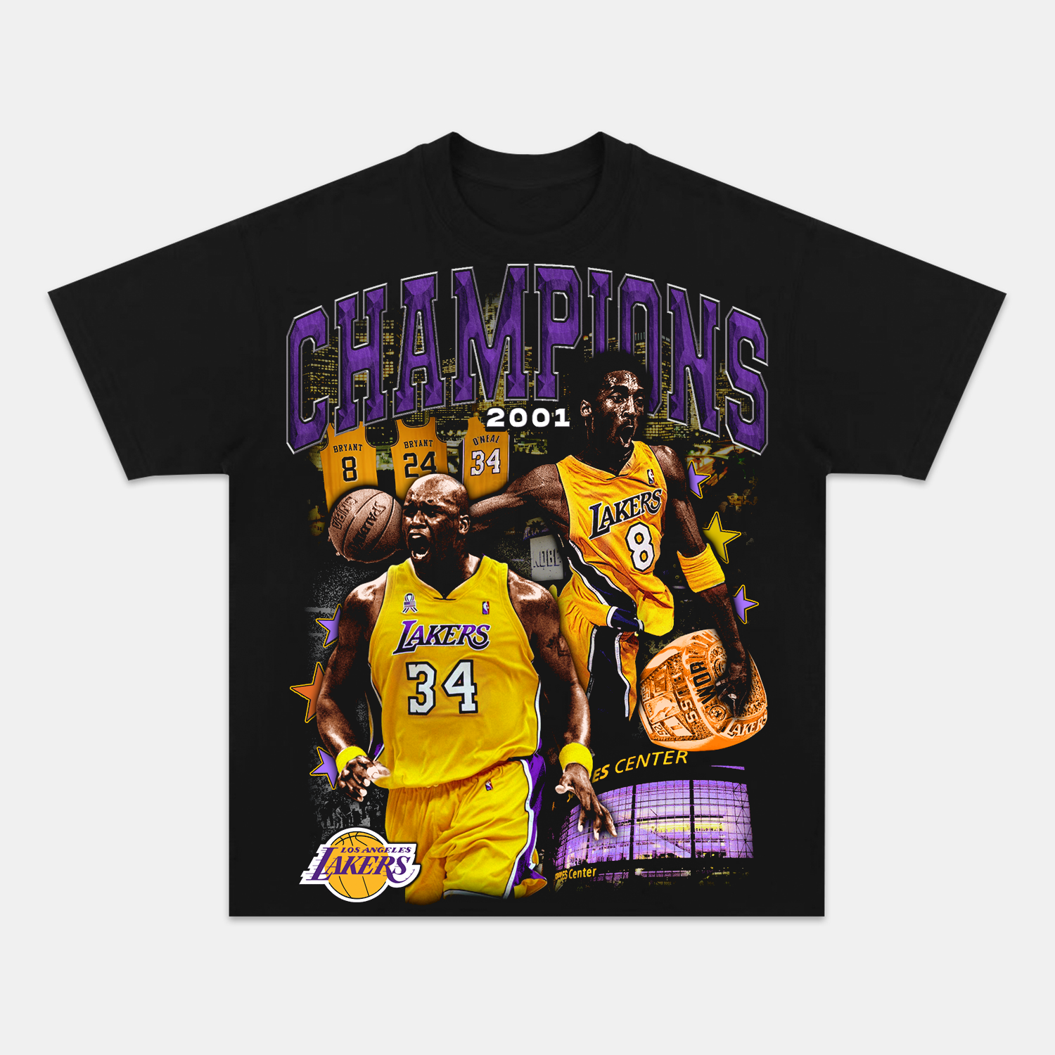Unisex-Adult Ultra Cotton Washed T-Shirt Graphic 2001 CHAMPIONS SHAQ AND KOBE
