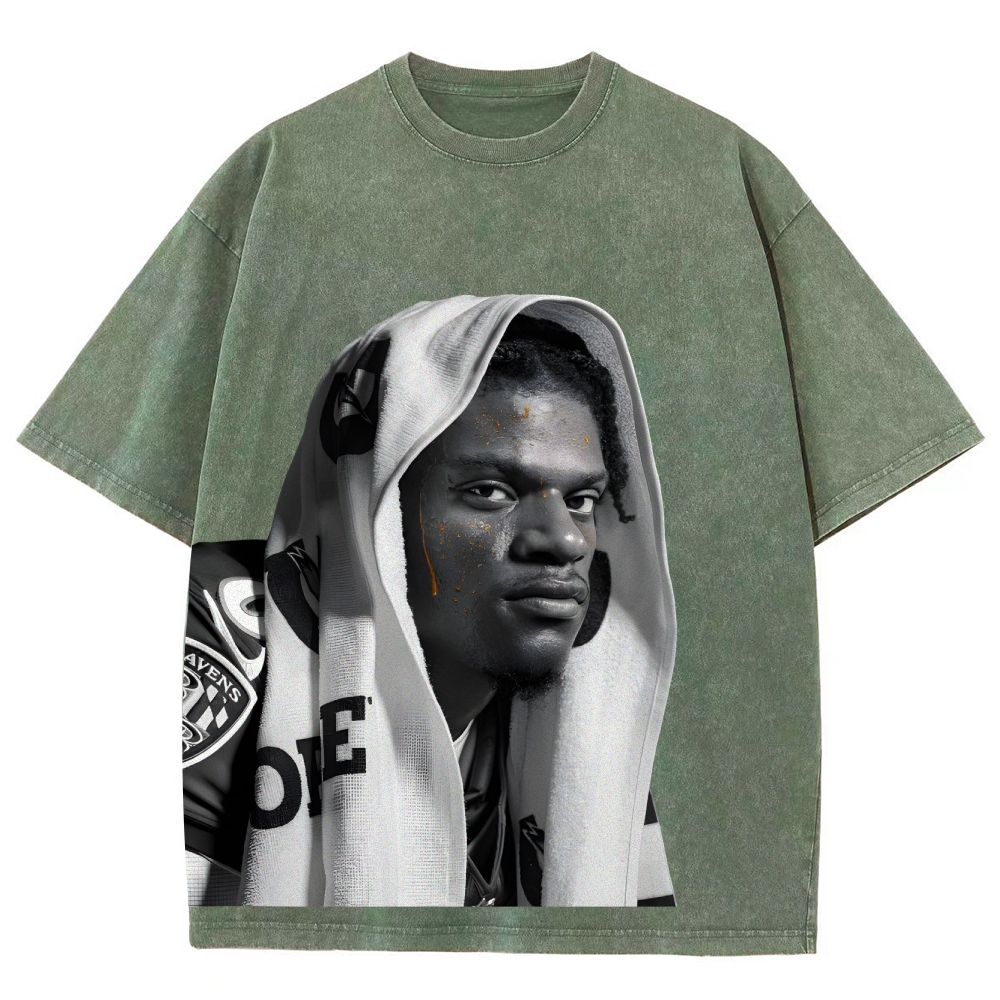 RAVENS Lamar Jackson Vintage Style Unisex-Adult Oversized Washed Cotton T-Shirt 