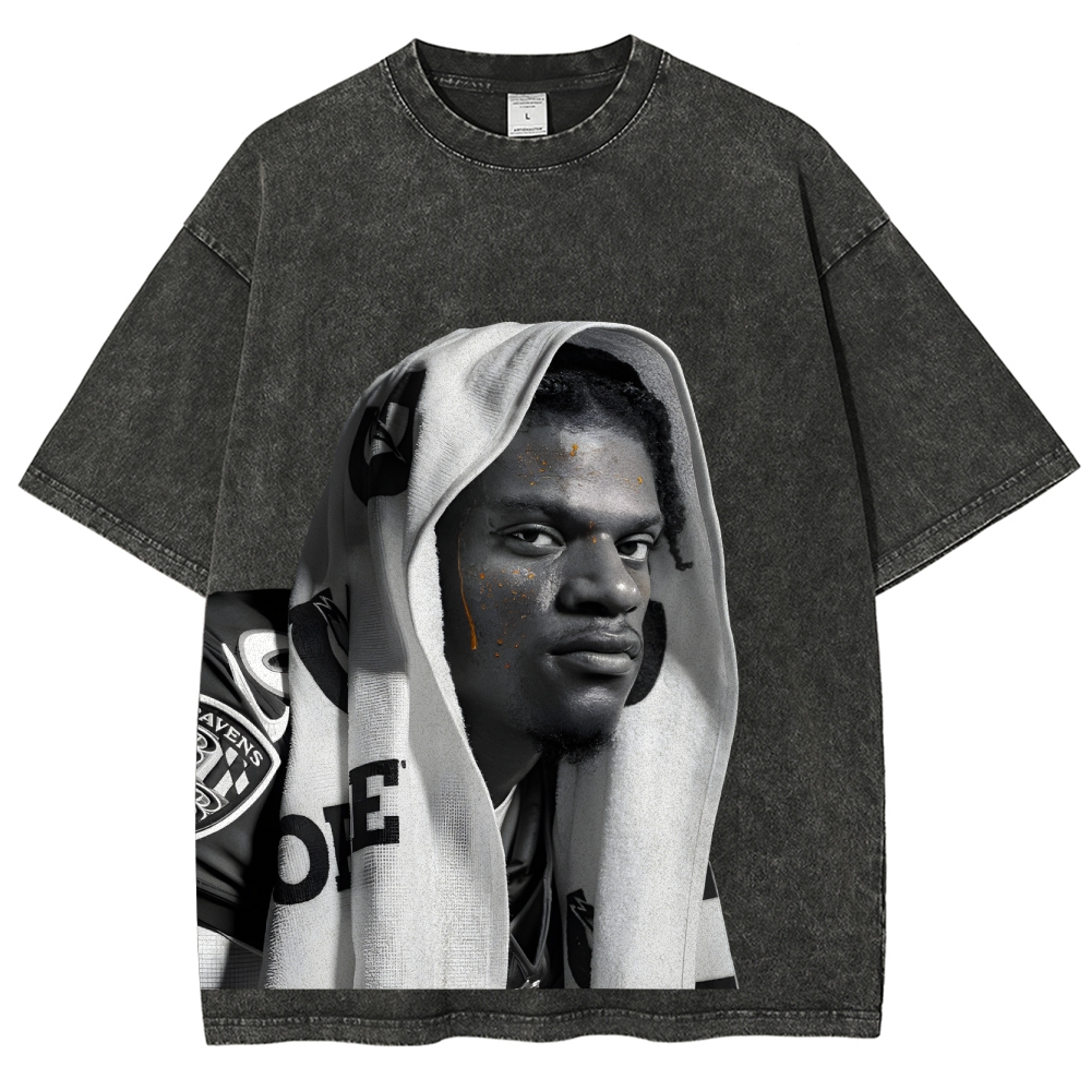RAVENS Lamar Jackson Vintage Style Unisex-Adult Oversized Washed Cotton T-Shirt 