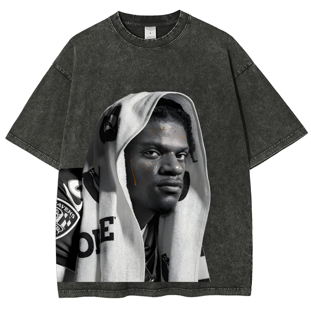 RAVENS Lamar Jackson Vintage Style Unisex-Adult Oversized Washed Cotto