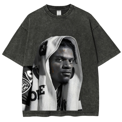 RAVENS Lamar Jackson Vintage Style Unisex-Adult Oversized Washed Cotton T-Shirt 