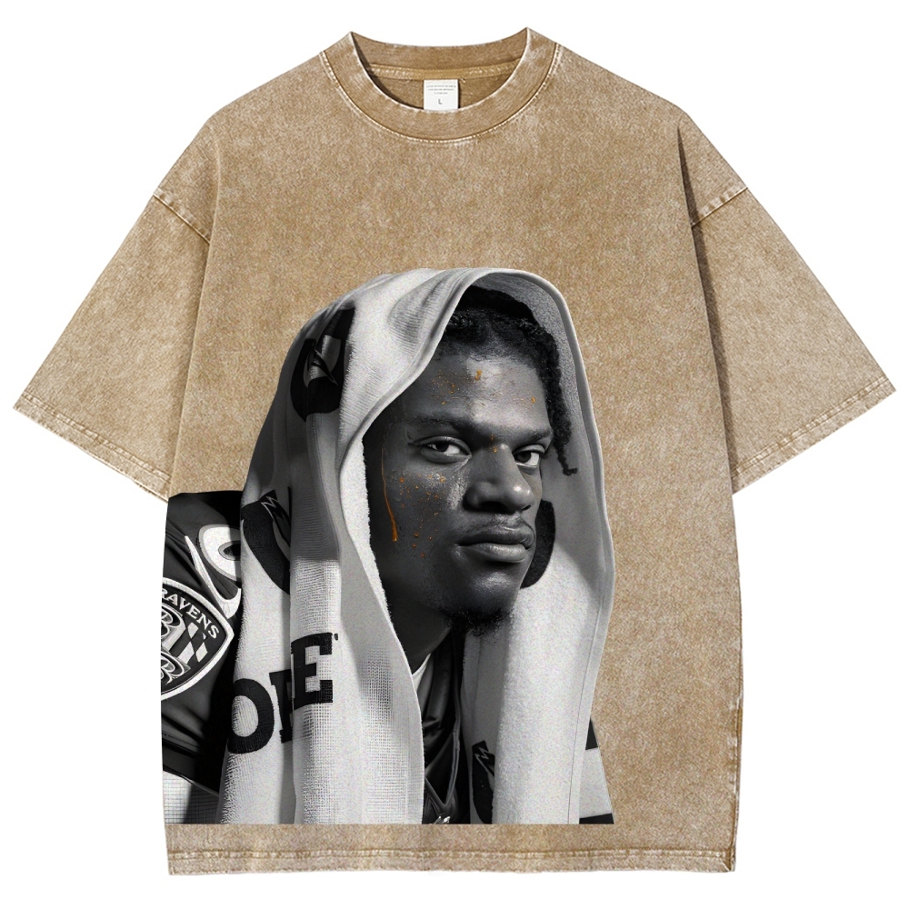 RAVENS Lamar Jackson Vintage Style Unisex-Adult Oversized Washed Cotton T-Shirt 