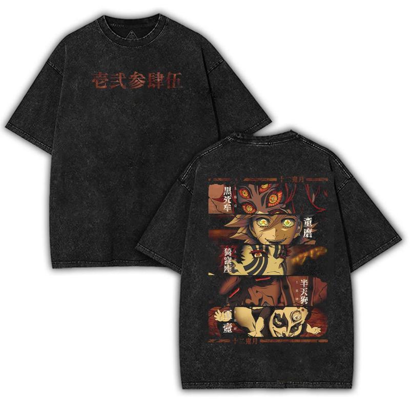 Demon Slayer Upper Moon Anime Shirt Double Printed Unisex Oversize, Acid Washed Heavyweight Cotton T-Shirt