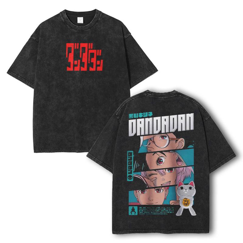 Dandadan Anime Unisex T-Shirt, Crewneck Short Sleeve Top for Men - Tropical Design & Kangaroo Pocket - Sizes S-5XL Menswear Casual Black Shortsleeve