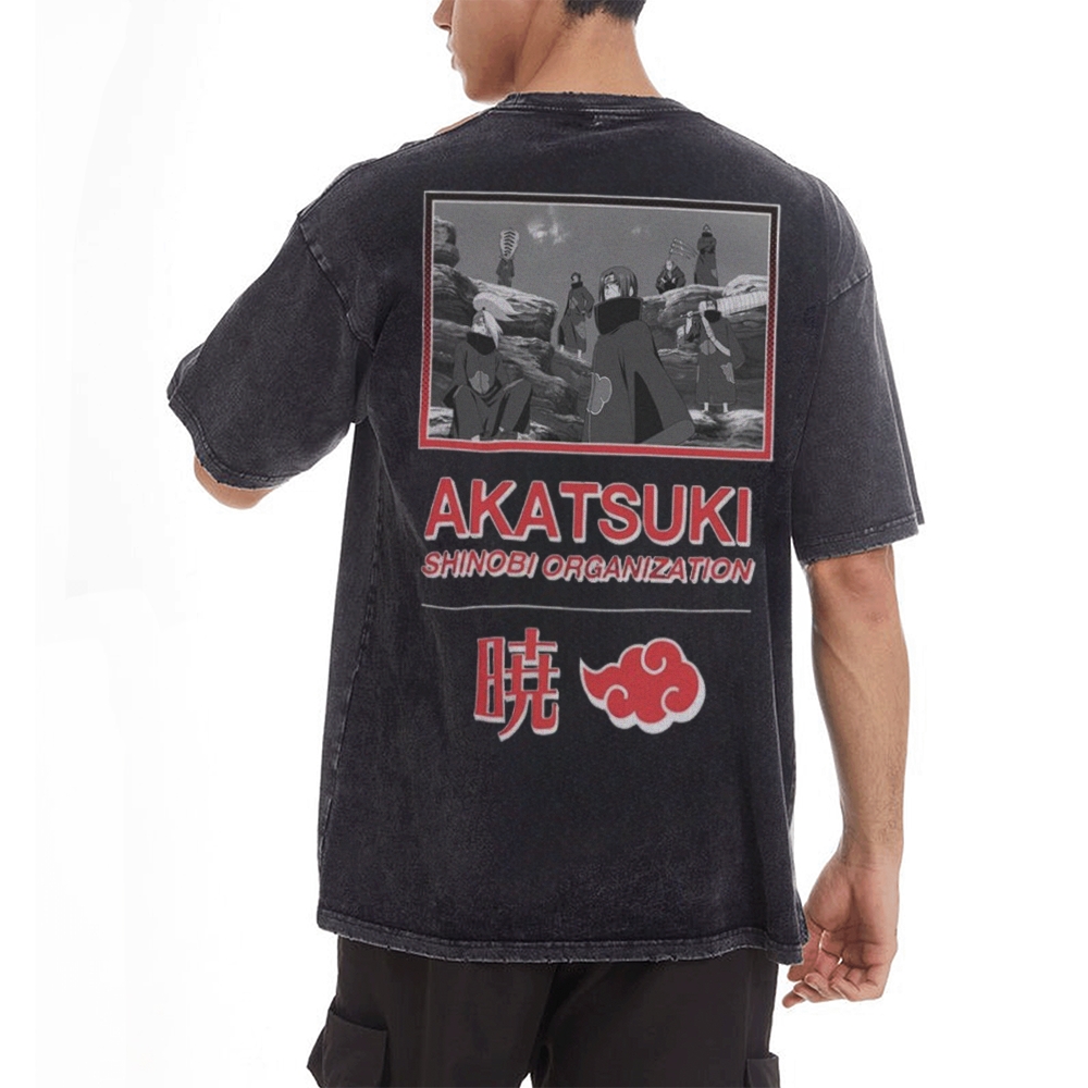 Vintage Unisex-Adult Oversized Washed T-Shirt Graphic Naruto Akatsuki Shinobi T-Shirt